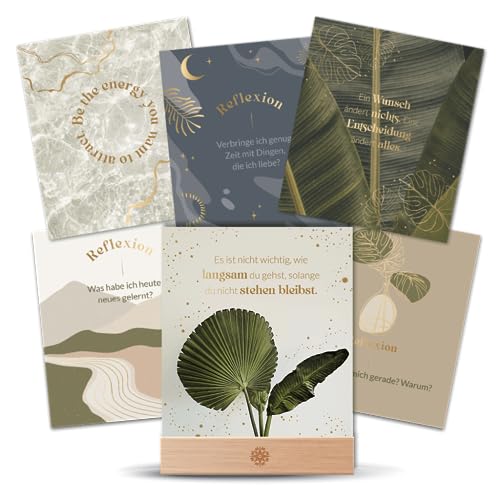 LEBENSKOMPASS 12 Motivationskarten mit Goldfolie & Holzfuß zum Aufstellen Kartenset Motivation, Achtsamkeit, Affirmation, Persönlichkeitsentwicklung von LEBENSKOMPASS