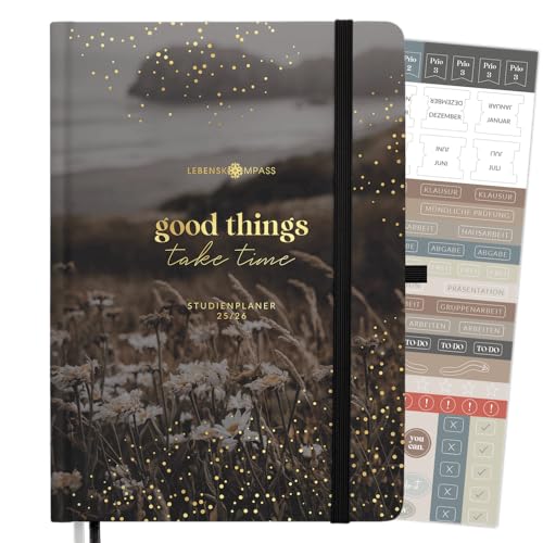 Lebenskompass® Studienplaner 2025 2026 A5 „Daisy“ - Semesterplaner für Uni & Studium |Terminplaner mit Stundenplan, Notenlisten, Reflexion | Hardcover mit Goldprägung von LEBENSKOMPASS
