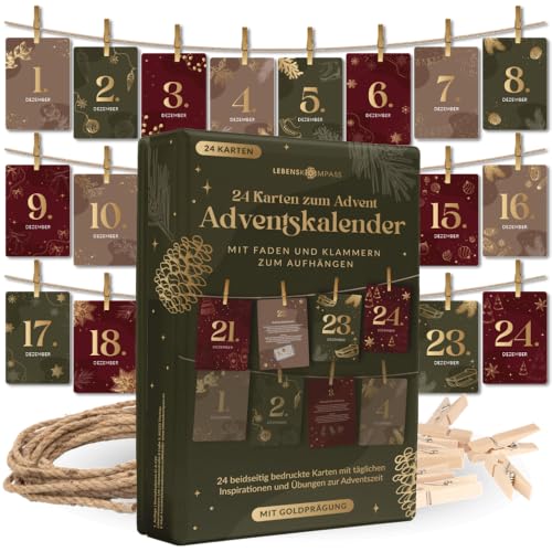 Lebenskompass Adventskalender Karten Set 2024 – 24 Achtsamkeitskarten mit Clips & Fäden – Kreativer Selbstliebe Adventskalender zum Aufhängen, für Achtsamkeit und Reflexion von LEBENSKOMPASS