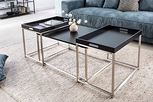 LEBENSwohnART 3er Couchtisch-Set MENTO schwarz abnehmbare Tabletts 75cm Stahl Beistelltische von LEBENSwohnART