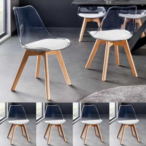 LEBENSwohnART 4er Set Design-Klassiker Stuhl Norway transparent Kunststoff Weiss Buchenholz Natur Retro von LEBENSwohnART