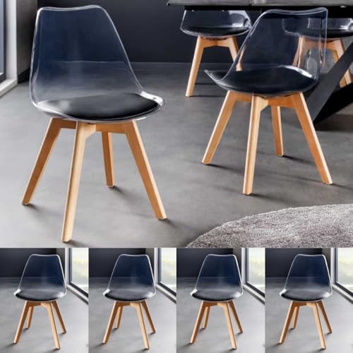 LEBENSwohnART 4er Set Design-Klassiker Stuhl Norway transparent Kunststoff schwarz Buchenholz Natur Retro von LEBENSwohnART