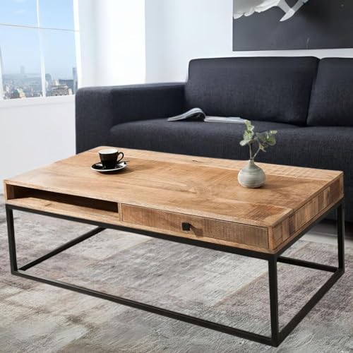 LEBENSwohnART Couchtisch mit Schublade und Ablage AMBA 100cm Mangoholz Metallbeine von LEBENSwohnART