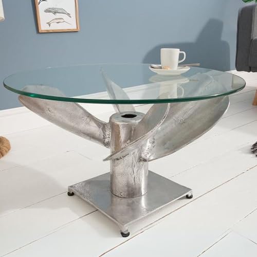 LEBENSwohnART Design Couchtisch ELICA 60cm Silber Aluminium Schiffsschraube Maritim Glasplatte von LEBENSwohnART