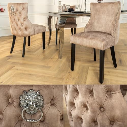 LEBENSwohnART Edler Stuhl Leon Samt beige Löwenkopf Chesterfield Schwarze Beine Esszimmerstuhl Barock LEBENSwohnART Edler Stuhl Leon Samt beige Löwenkopf Chesterfield Schwarze Beine Esszimmerstuhl Barock von LEBENSwohnART
