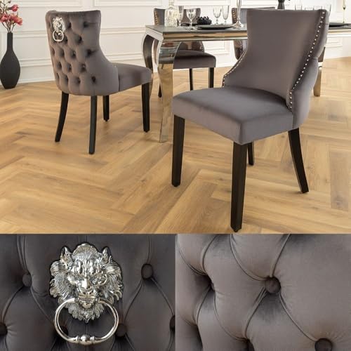 LEBENSwohnART Edler Stuhl Leon Samt grau Löwenkopf Chesterfield Schwarze Beine Esszimmerstuhl Barock LEBENSwohnART Edler Stuhl Leon Samt grau Löwenkopf Chesterfield Schwarze Beine Esszimmerstuhl Barock von LEBENSwohnART