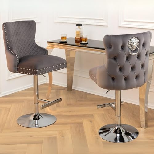 LEBENSwohnART Edler höhenverstellbarer Barstuhl Leon Samt grau Edelstahl Silber Löwenkopf Barhocker Chesterfield von LEBENSwohnART