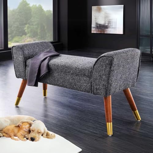 LEBENSwohnART Elegante Sitzbank Carolin 90cm anthrazit Bouclé Bank Holzfüsse Armlehne von LEBENSwohnART