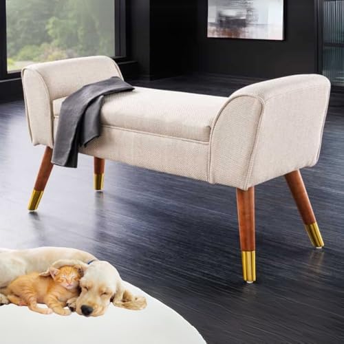 LEBENSwohnART Elegante Sitzbank Carolin 90cm beige Strukturstoff Bank Holzfüsse Armlehne von LEBENSwohnART