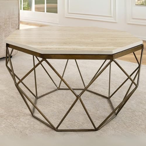 LEBENSwohnART Exklusiver Couchtisch BIJOUX ca.70cm beige Travertin Handarbeit Messing Eisengestell Wohnzimmertisch von LEBENSwohnART
