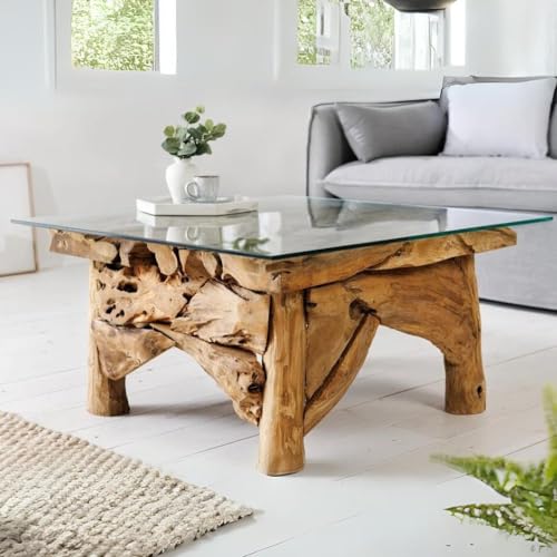 LEBENSwohnART Handgefertigter Teak Couchtisch Seaside 80x80cm Unikat Wohnzimmertisch Sofatisch Glastisch Tisch von LEBENSwohnART