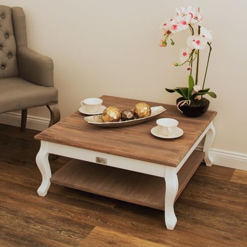 LEBENSwohnART Landhaus Couchtisch mit Ablage Adria Weiss-braun 80cm Sofatisch Bicolor von LEBENSwohnART