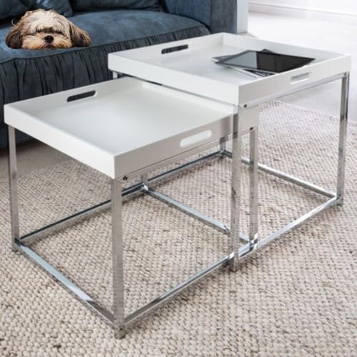 LEBENSwohnART Lounge 2er Beistelltisch-Set MENTO Weiss abnehmbare Tabletts 50cm Chrom Couchtisch von LEBENSwohnART