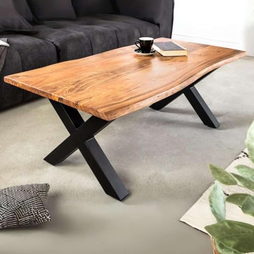 LEBENSwohnART Massiver Couchtisch ARBOL 120cm Akazie Natural Baumkante X-Metallgestell schwarz von LEBENSwohnART
