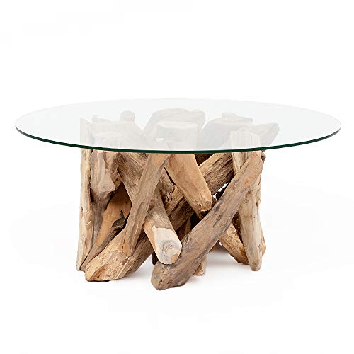 LEBENSwohnART Teak Couchtisch TORA-rund ca. D80cm Wohnzimmertisch Sofatisch Glastisch Tisch von LEBENSwohnART