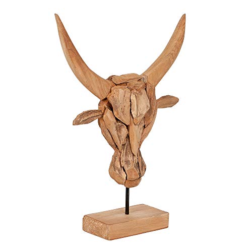 LEBENSwohnART Teak Deko-Schädel Bull mit Stativ Natural Bullenkopf Bullenschädel Stier Kopf von LEBENSwohnART