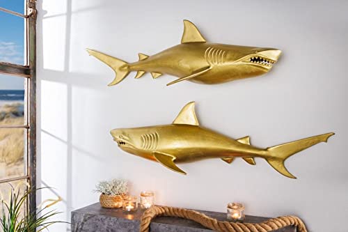 LEBENSwohnART Wanddeko 2er Set Haifisch 70cm SHARK gold Aluminium Maritim Dekoration Hai Deko von LEBENSwohnART