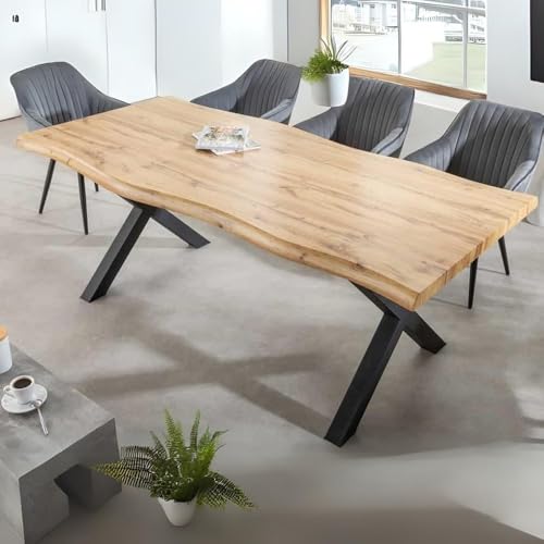 LEBENSwohnART Wildeiche-Design Esstisch Oakland 180cm schwarzes X-Metallgestell 5cm Baumkante von LEBENSwohnART