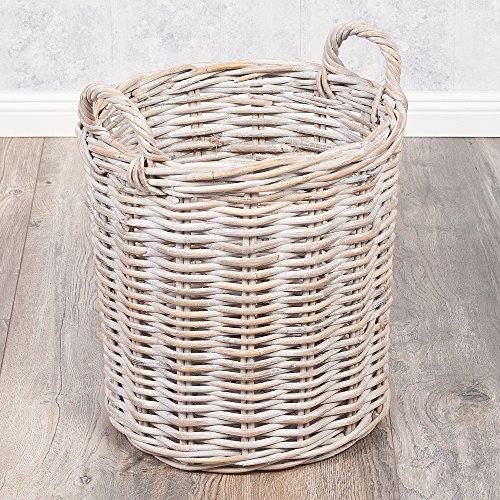 Rattankorb BAKUL rund White 30cm Durchmesser mit Griffen Pflanzkorb Inlay Aufbewahrungskorb Korb von LEBENSwohnART