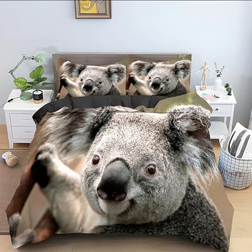 LEBINA BettwäSche 155x220 Grauer Koala 110g/㎡ Microfiber Bettwäsche-Sets Deko Schlafzimmer + 2 Reißverschluss Kissenbezug 80x80 Lauschig Bettwäsche-Sets Kinder Geeignet von LEBINA