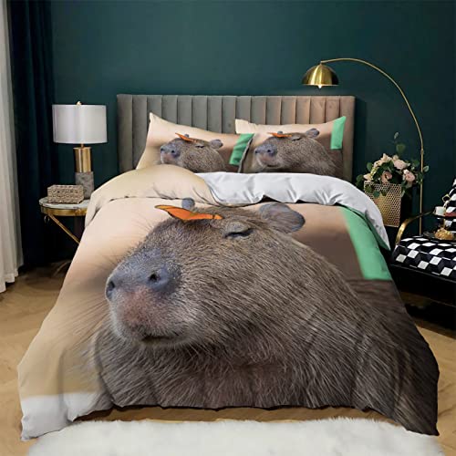 LEBINA Bettwäsche 155x200 Beige Capybara Bettbezüge mit Reißverschluss Weiche und Atmungsaktive Mikrofaser Bettbezug und 2 Kissenbezug 80x80 cm fur Kind Teenager von LEBINA