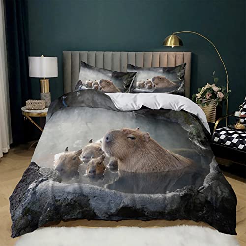 LEBINA Bettwäsche 155x200 Schwarzes Capybara Bettbezüge mit Reißverschluss Weiche und Atmungsaktive Mikrofaser Bettbezug und 2 Kissenbezug 80x80 cm fur Kind Teenager von LEBINA