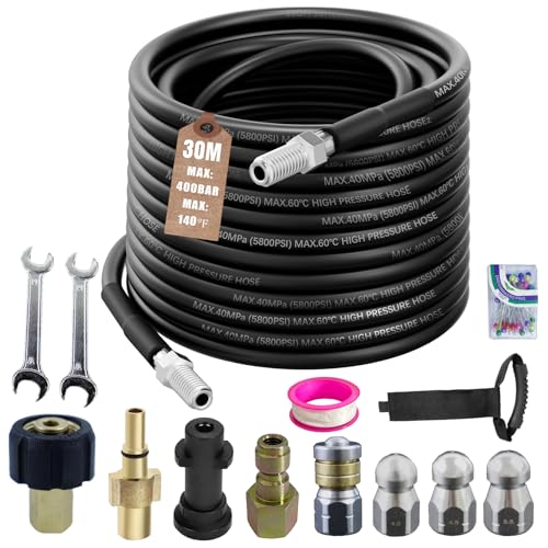 Rohrreinigungsschlauch Set 30m,kompatibel mit Kärcher k2-k7, Lavor, Bosch Hochdruckreiniger,400 Bar / 5800PSI, universal Rohrreinigungsset for Blocked Drains, Gutters & Downpipes von LEBOKJ