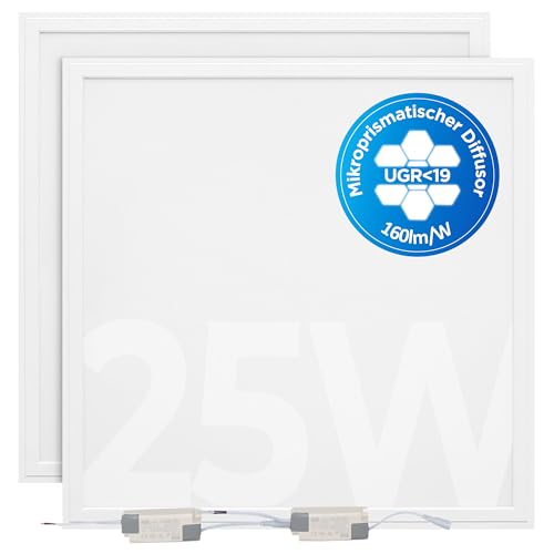 2x Bürodeckenleuchten LED Platten 62x62 25W A++ (Neu Klass C) 4000K 4000lm UGR19 Deckenleuchte Rasterdecke Arbeitsplatzleuchte Workzone Lampe LED Panels (Neutralweiß (4000K) ohne Aufbaurahmen) von LECOM