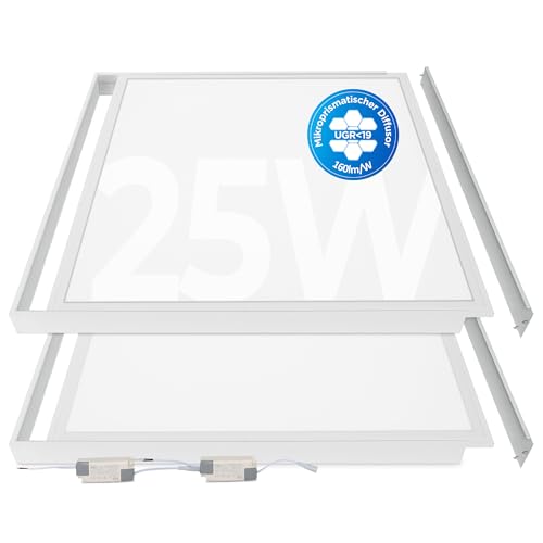 2x Bürodeckenleuchte LED Panel 62x62 25W 4000K 4000lm UGR19 Energieeffizient Büroleuchte Gewerbe (Neutralweiß (4000K) mit Aufbaurahmen) von LECOM