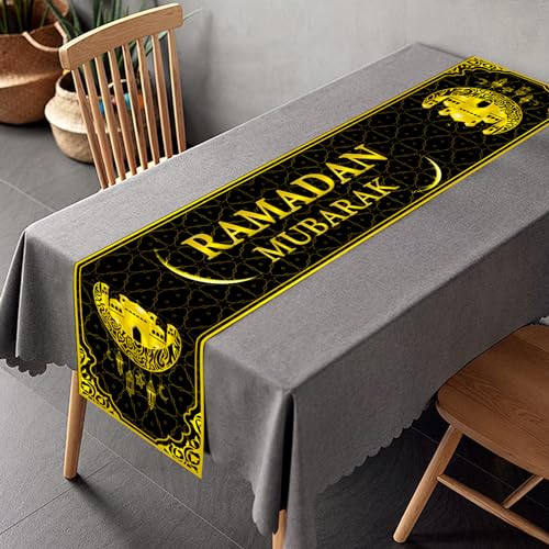 Ramadan Deko Tischläufer, Gold Ramadan Mubarak Tischwäsche Eid Mubarak Dekoration Leinen Tischdecke Happy Ramadan Mubarak Tischdecke Dekoration für Islamische Feiertags, 35 x 180 cm von LECONCES