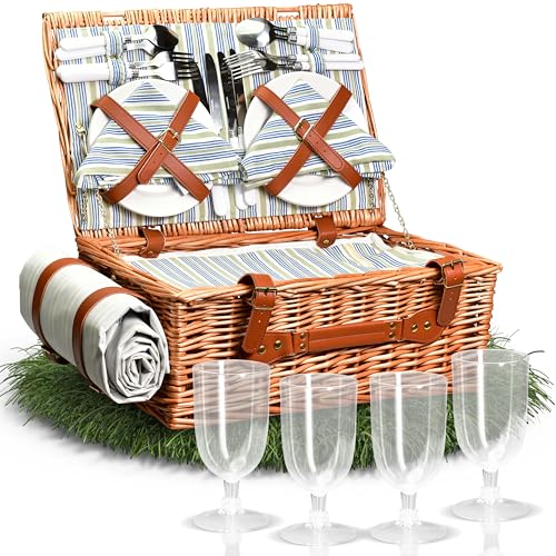 LECURE® Picknickkorb 4 Personen [inkl. Kühltasche] - 25-TLG. Picknick-Set mit handgefertigtem Weiden-Korb [44x31cm], Geschirr, Besteck & wasserfester Picknickdecke von LECURE
