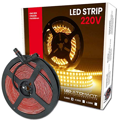 LED ATOMANT 5 Meter Rolle von 220v Direct LED Streifenlicht, 12W/m, Farbe Warmweiß (3000K), Wasserdicht (IP65), Cut off alle 10cm von LED ATOMANT