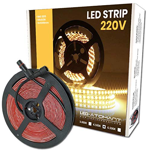 LED ATOMANT 5 Meter Rolle von 220v Direct LED Streifenlicht, 12W/m, Farbe Neutralweiß (4500K), Wasserdicht (IP65), Cut off alle 10cm von LED ATOMANT