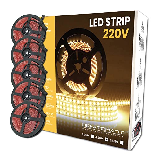 LED ATOMANT Packung mit 5 5 Meter Rolle von 220v Direct LED Streifenlicht, 12W/m, Farbe Neutralweiß (4500K), Wasserdicht (IP65), Cut off alle 10cm von LED ATOMANT