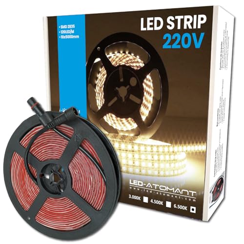 LED ATOMANT 5 Meter Rolle von 220v Direct LED Streifenlicht, 12W/m, Farbe Kaltweiß (6500K), Wasserdicht (IP65), Cut off alle 10cm von LED ATOMANT