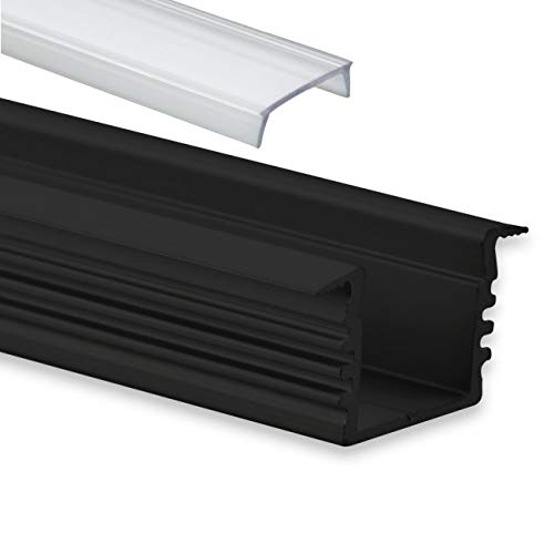 LED Aluminium Profil A2F Glanfar LED Profil schwarz 2 Meter für LED Streifen & LED Flexbänder + Abdeckung Klar Aluprofil schwarz mit Flügel von LED-Gigant