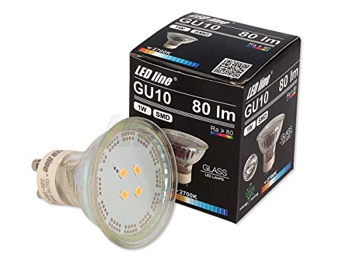 LED-Line 10x GU10 1W LED Leuchtmittel 120° SMD 2700K Warmweiß 80 Lumen Spot Strahler Glass Einbauleuchte Energiesparlampe Glühlampe von LED-Line