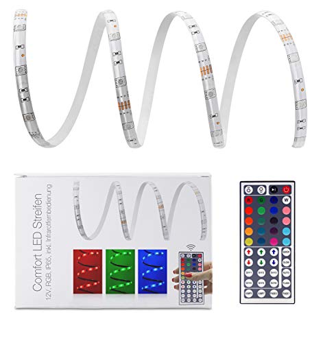 LED Universum 1,5 Meter Comfort LED Streifen Set RGB mit Netzteil, Controller & 44-Tasten-Infrarot-Fernbedienung, 30 LED/m, IP65, 12V, 5050 SMD, 7,2 W/m, für Wohn-, Schlafzimmer, Balkon, Terrasse von LED Universum