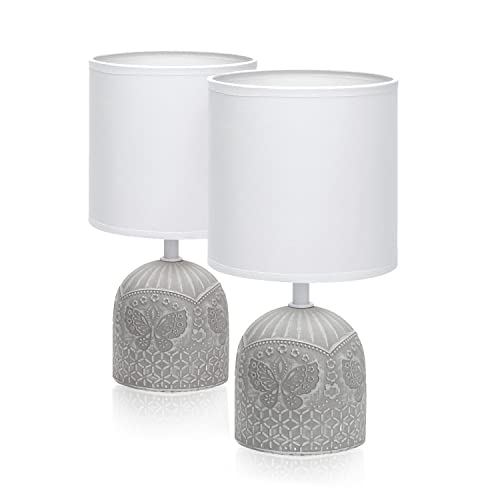 LED Universum 2er Set Tischleuchten Tischlampen Nachttischlampen Leseleuchten aus Keramik mit Stoffschirm, E14 Sockel, rund grau weiß gemustert - 3151 von LED Universum
