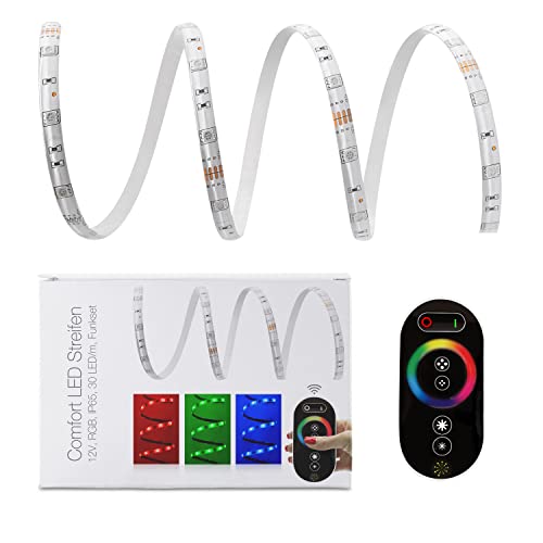 7m LED Strip Light - 12V LED Streifen IP65 RGB 30 LED/m Funk-SET & Netzteil, dimmbar, mit Fernbedienung, selbstklebend von LED Universum