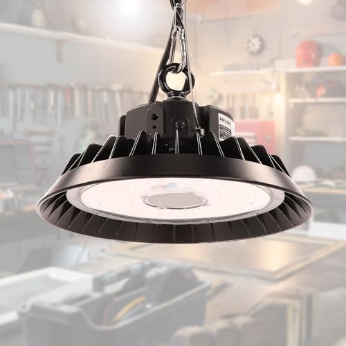 LED High Bay Hallenstrahler 150W mit PREMIUM-Marken-Treiber dimmbar (1-10V) warmweiß 3000K 21.000lm 140lm/W 120° IP65 UFO Industrielampe Werkstattbeleuchtung Ø283xH128mm 5 Jahre Garantie von LED Universum