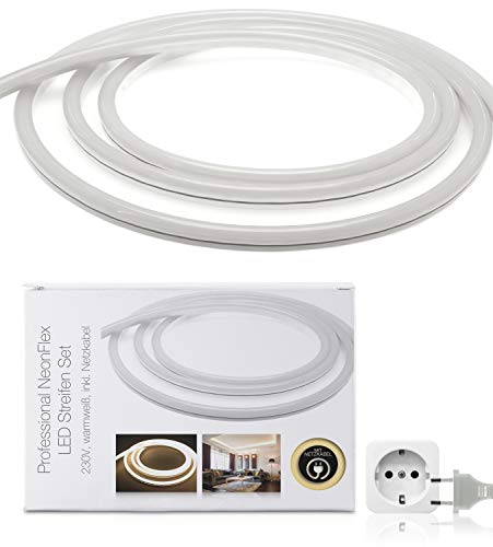 LED Universum 3 Meter Pro230 NeonFlex LED Streifen warmweiß mit Netzanschlusskabel, IP65, 230 V, 9 W/m, 280 lm/m, für Innen- und Außenbereich von LED Universum