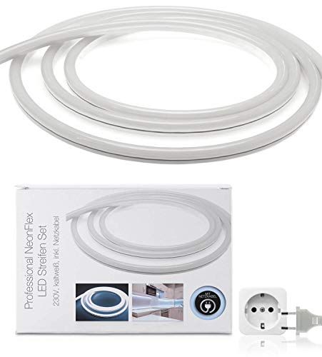 LED Universum 7 Meter Pro230 NeonFlex LED Streifen kaltweiß mit Netzanschlusskabel, IP65, 230 V, 9 W/m, 280 lm/m, für Innen- und Außenbereich von LED Universum