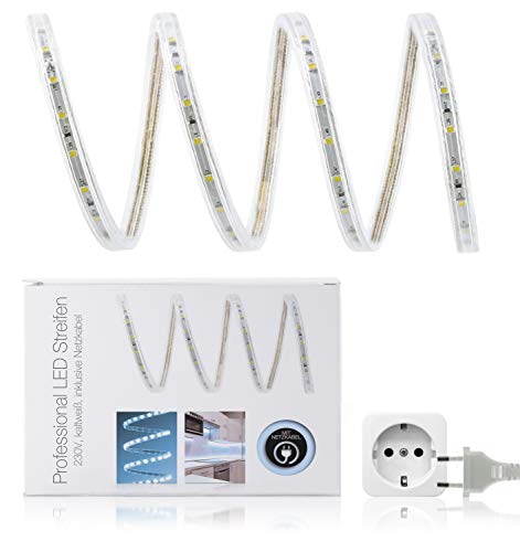 LED Universum 9 Meter Professional LED Streifen kaltweiß, 60 LED/m, IP68, 230V, 3528 SMD, 5W/m, 300 lm/m, inkl. Netzkabel (Eurostecker), für Außen- und Feuchtbereiche von LED Universum