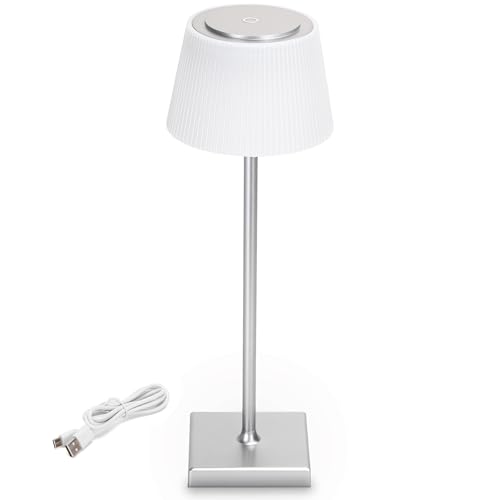 LED Universum Akku-Tischleuchte 38cm silber/weiß rund 4W 3CCT 3000/4000/5000K 400lm Touch dimmbar IP54 H380xØ130mm von LED Universum
