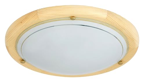 LED Universum Deckenleuchte Wandleuchte Holz hell rund Ø38cm aus Glas satiniert und Echtholz mit 2x E27 Fassung für Glühbirne oder LED-Leuchtmittel | Deckenlampe Wohnzimmer Schlafzimmer Küche Flur von LED Universum