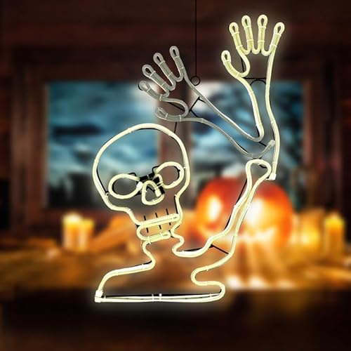 LED Universum - LED Fenstersilhouette neon weiß Skelett Bonesy mit Winkarm Effekt Fensterbild für Innen & Außen IP44 230V 54 x 25 cm Untoter Totenkopf schaurig schöne Halloween Gruseldeko von LED Universum