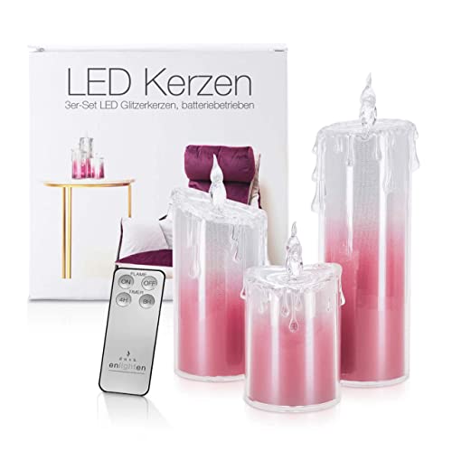LED Universum - LED Acryl Glitzer Kerze „Liza“ 3er Set pink 14-18 - 24cm inkl. Fernbedienung & Timer Batteriebetrieben je 3 x AAA (nicht inkl.) wunderschöne Dekoration Glitter Candle von LED Universum