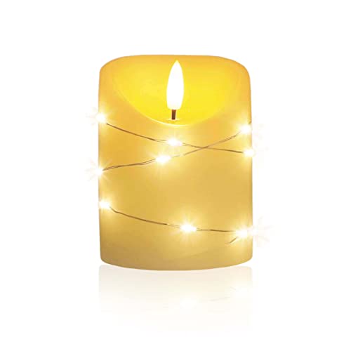 LED Universum - LED Kerze Cynthia 10cm, Echtwachskerze umwickelt mit einer LED Lichterkette, cremefarben, warmweißes Licht, 5h Timer, Batteriebetrieben: 2x AA (nicht inklusive) (Cynthia 10 cm) von LED Universum