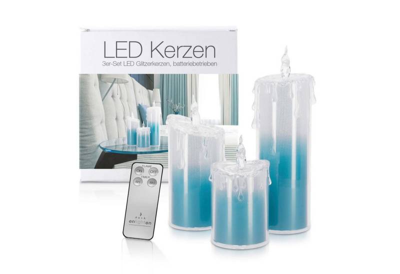 LED Universum LED-Kerze LED Acryl Glitzer Kerze Blau 3er Set "Liza" inkl. Fernbedienung und von LED Universum